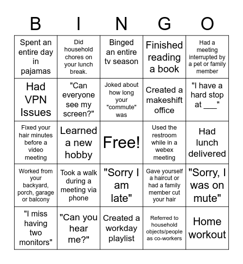 WFH Bingo Card