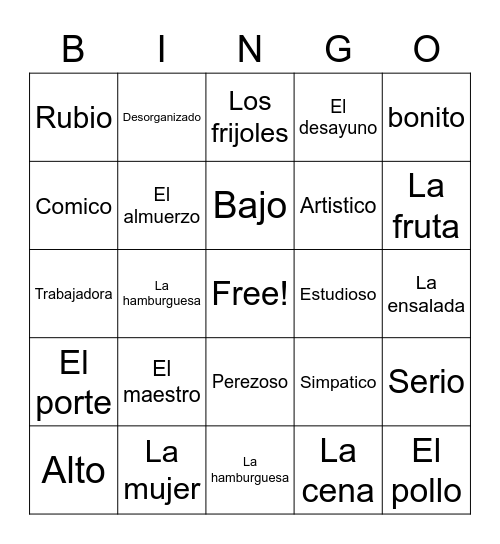 Spanish Bingo Card
