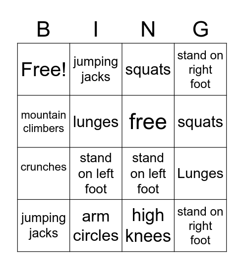Physical Education Bingo Card