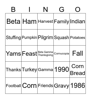 Beta-Gamma Thanksgiving Dinner Bingo Card