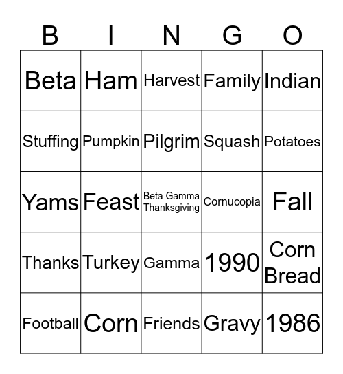 Beta-Gamma Thanksgiving Dinner Bingo Card