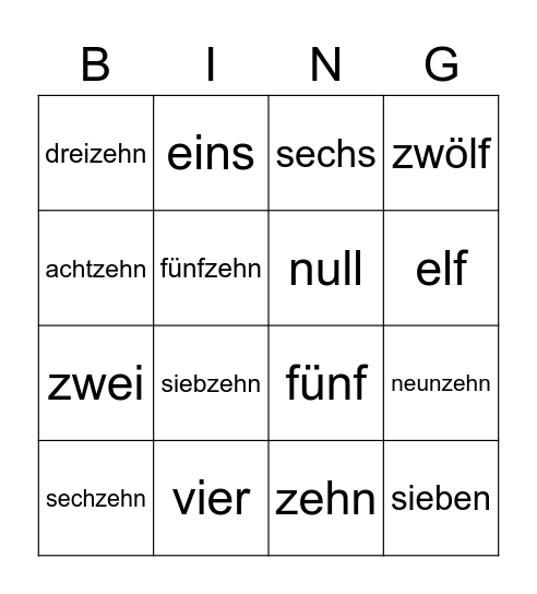 German Numbers 0-20 Bingo Card