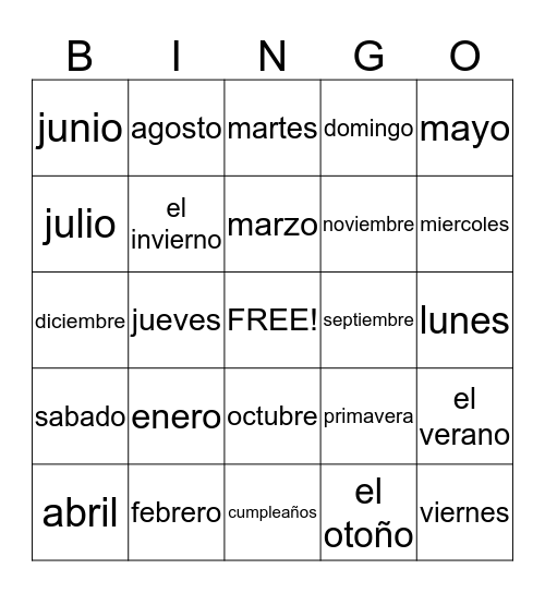 Los meses y las estaciones Bingo Card