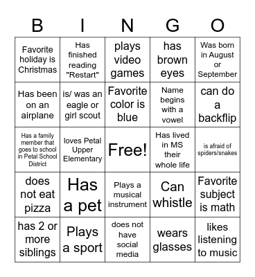 Petal Upper Elementary Bingo Card