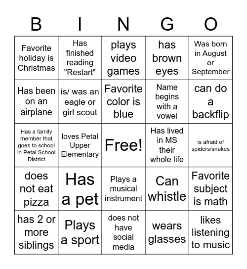 Petal Upper Elementary Bingo Card