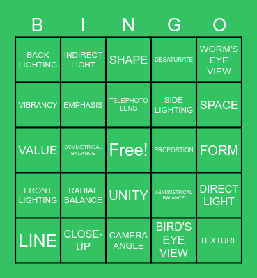 Photography Vocabulary BINGO Card