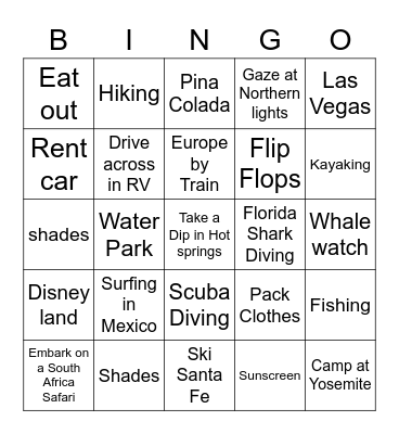 Vacation Bingo Card