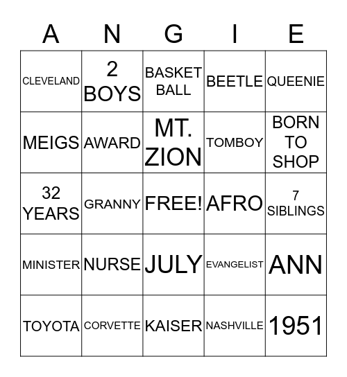 ANGIE'S BINGO Card