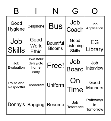 Job Coaching Bingo Card