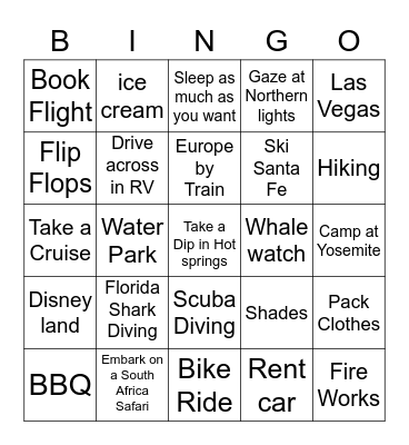 Vacation Bingo Card