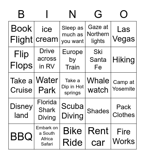 Vacation Bingo Card