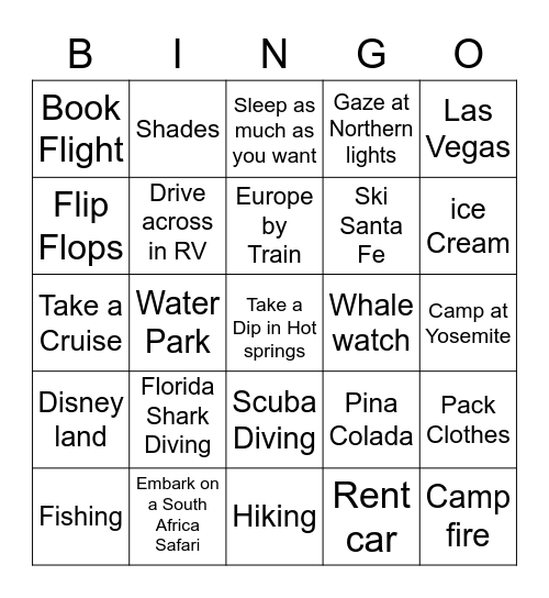 Vacation Bingo Card