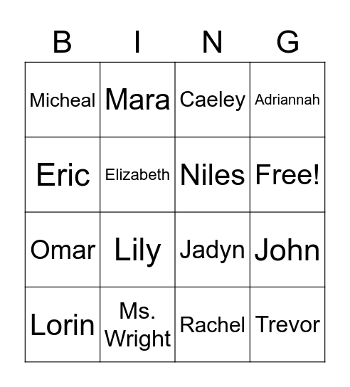 Wright's STAR Bingo Card