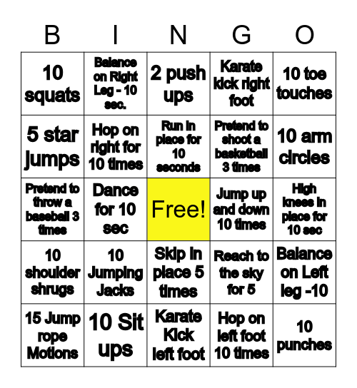Ms. Hart's Fitness Bingo Card