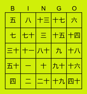 Chinese number Bingo Card