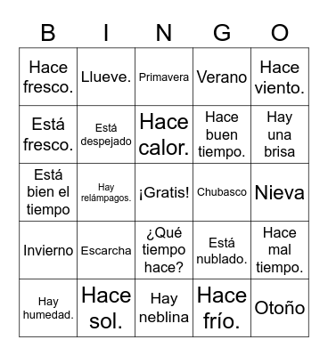 Weather Expressions Bingo Card