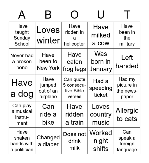 All ABOUT Me Bingo Card