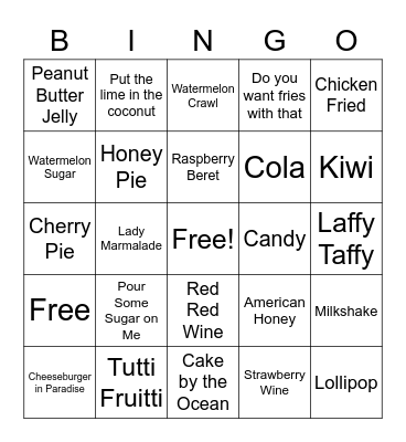 Food Songs Bingo Card