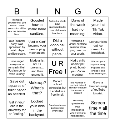 Mom in Quarantine Bingo Card