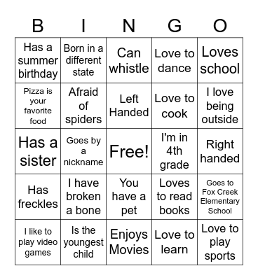 All About Me Bingo Card