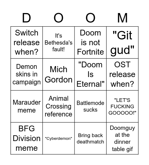 Doom Eternal Twitter Comments Bingo Card
