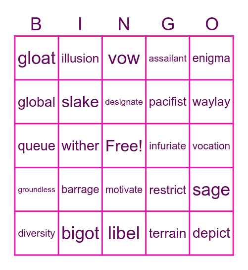 Vocabulary List #3 Bingo Card