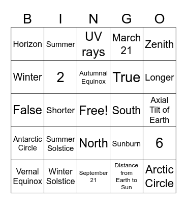 Sun and Seasons Bingo Card