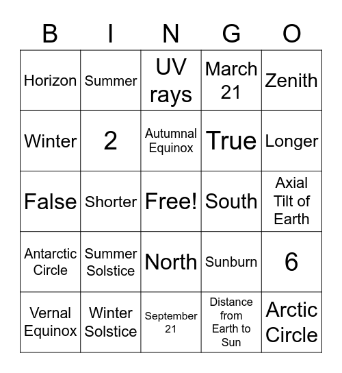 Sun and Seasons Bingo Card