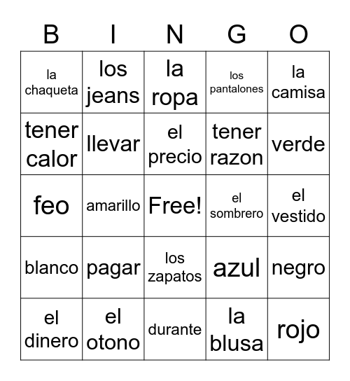 Spanish vocab Bingo Card