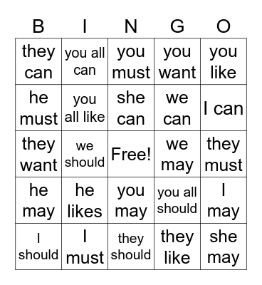 Modal Verbs Bingo Card