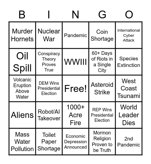 2020 Apocalypse Bingo Card