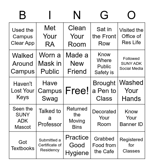 College Bingo Card