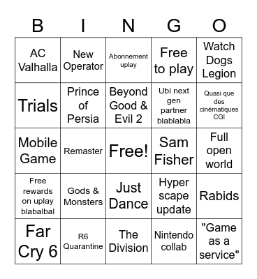 Ubisoft Forward 2 Bingo Card