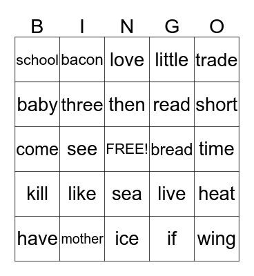 Review Reading Words Bingo Card