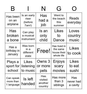 Getting to Know You Bingo Card