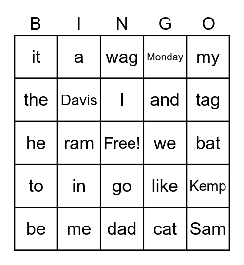 Words I Know BINGO Card