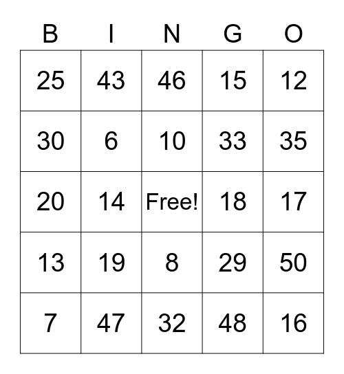 Los números 1-50 Bingo Card