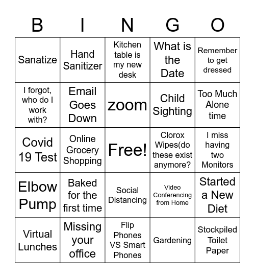 COVID 19 Shelter In Place BINGO Card