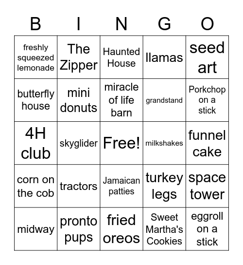 State Fair Bingo Card