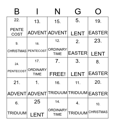 LITURGICAL SEASONS Bingo Card