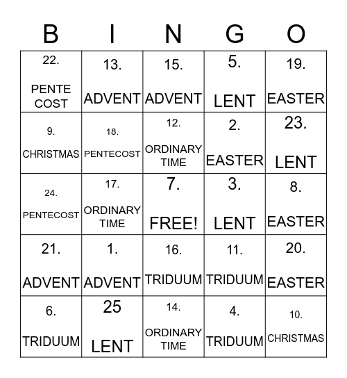 LITURGICAL SEASONS Bingo Card