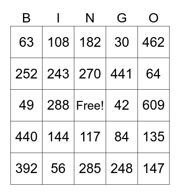 Multiplication BINGO Card