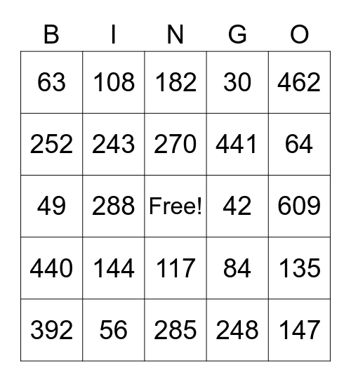 Multiplication BINGO Card