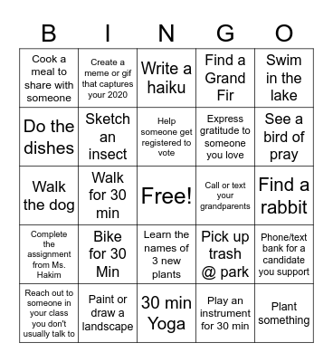 Experiential Education Friday Bingo Card