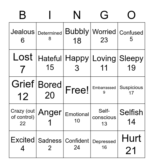 Feelings Bingo Card