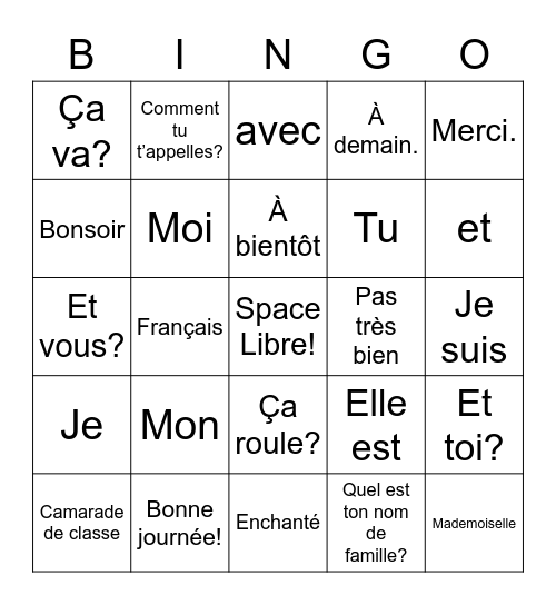T'es Branché Unité 1B & 1A: Français 1 Bingo Card