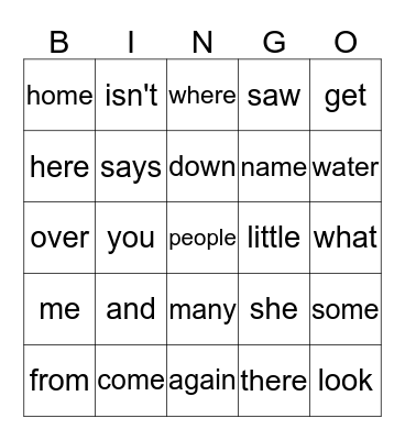 Sight Words Bingo Card