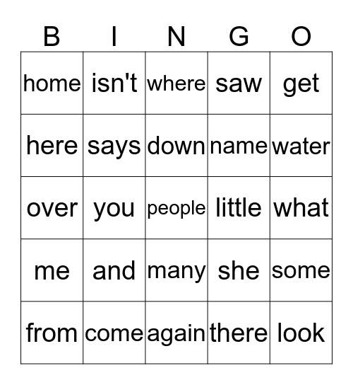 Sight Words Bingo Card