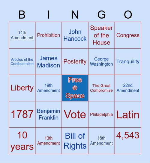 Constitution Day Bingo Card