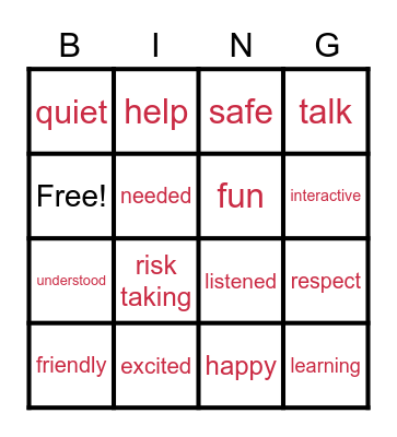 How I want to feel in this class Bingo Card